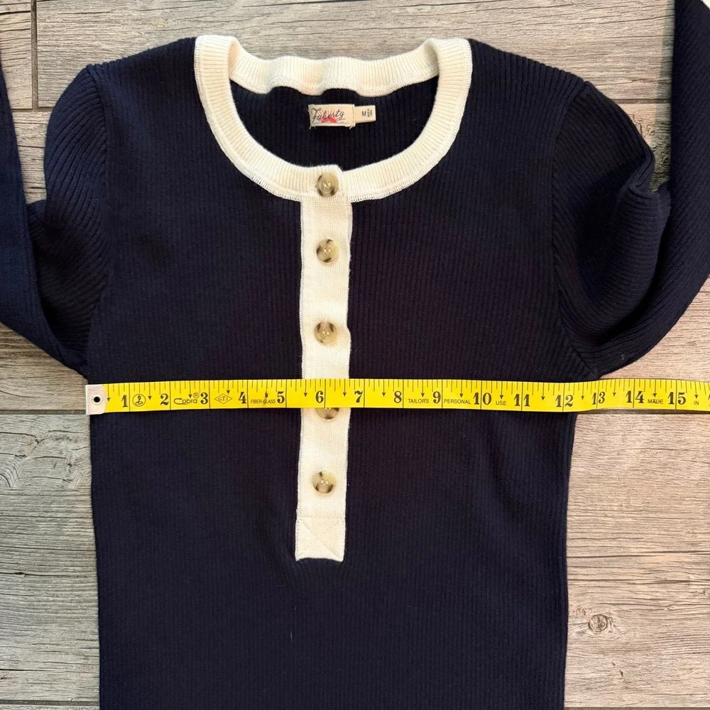 Faherty Navy Blue Organic Cotton Cashmere Ribbed Henley Sweater Stripe WYC0006 - Picture 9 of 9